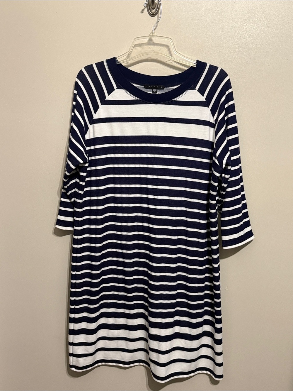 Tiana B. Navy and White Striped Midi Dress